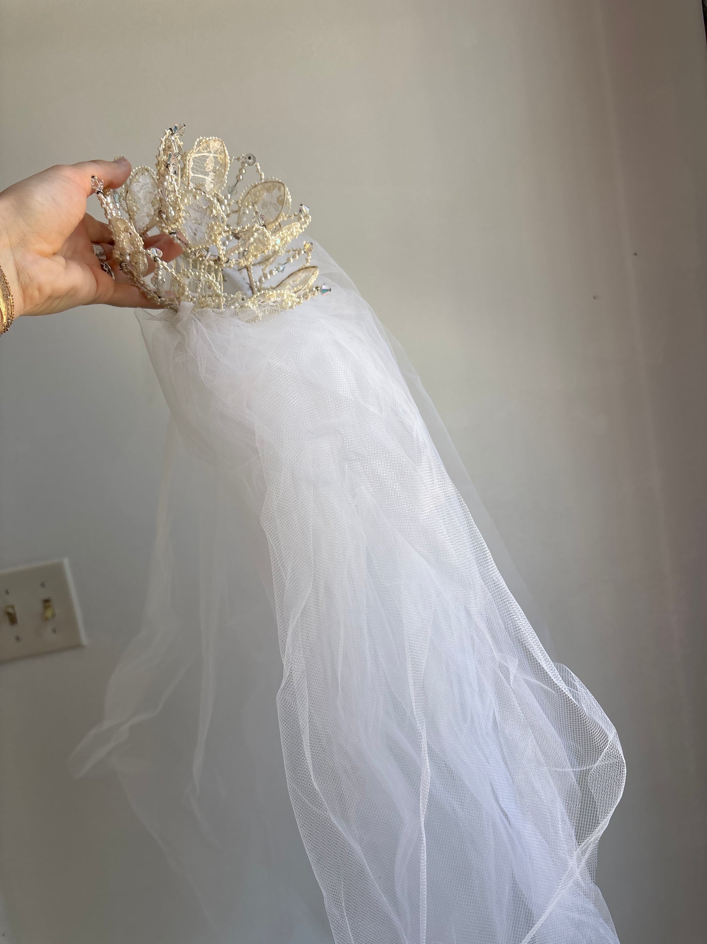 Chris: 1970 prairie style dress with detachable train and veil 