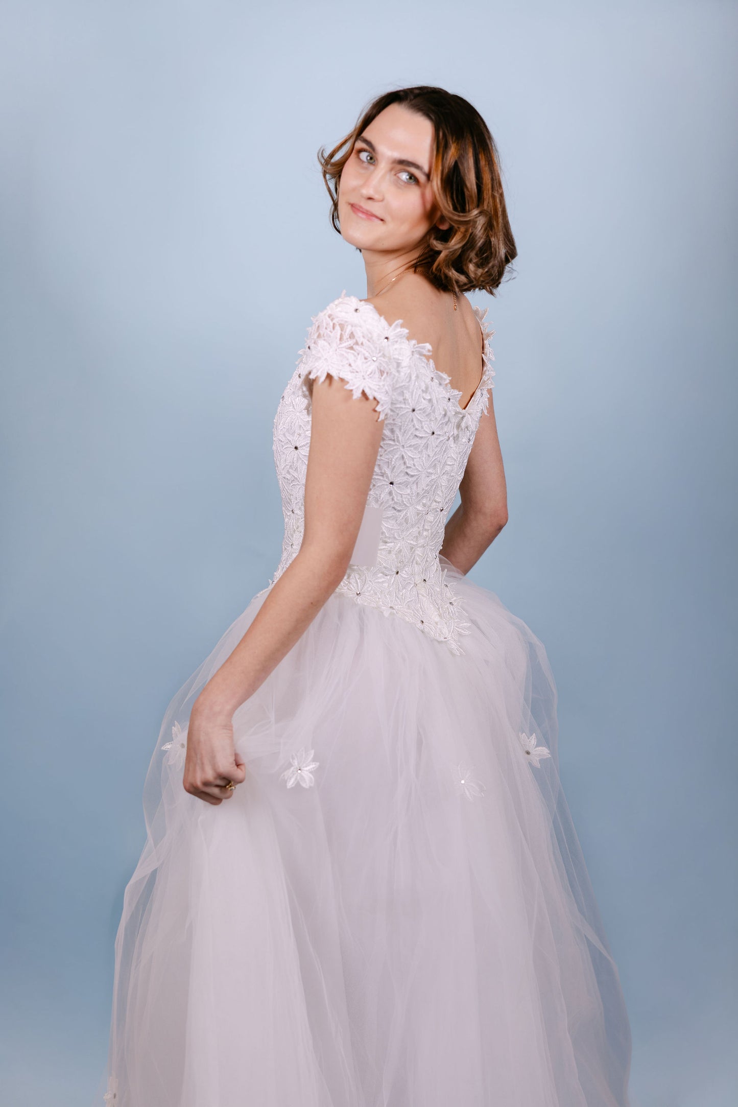 Diane: 1960s Tulle A-Line Gown, Cap Sleeve with Flowers & Gems