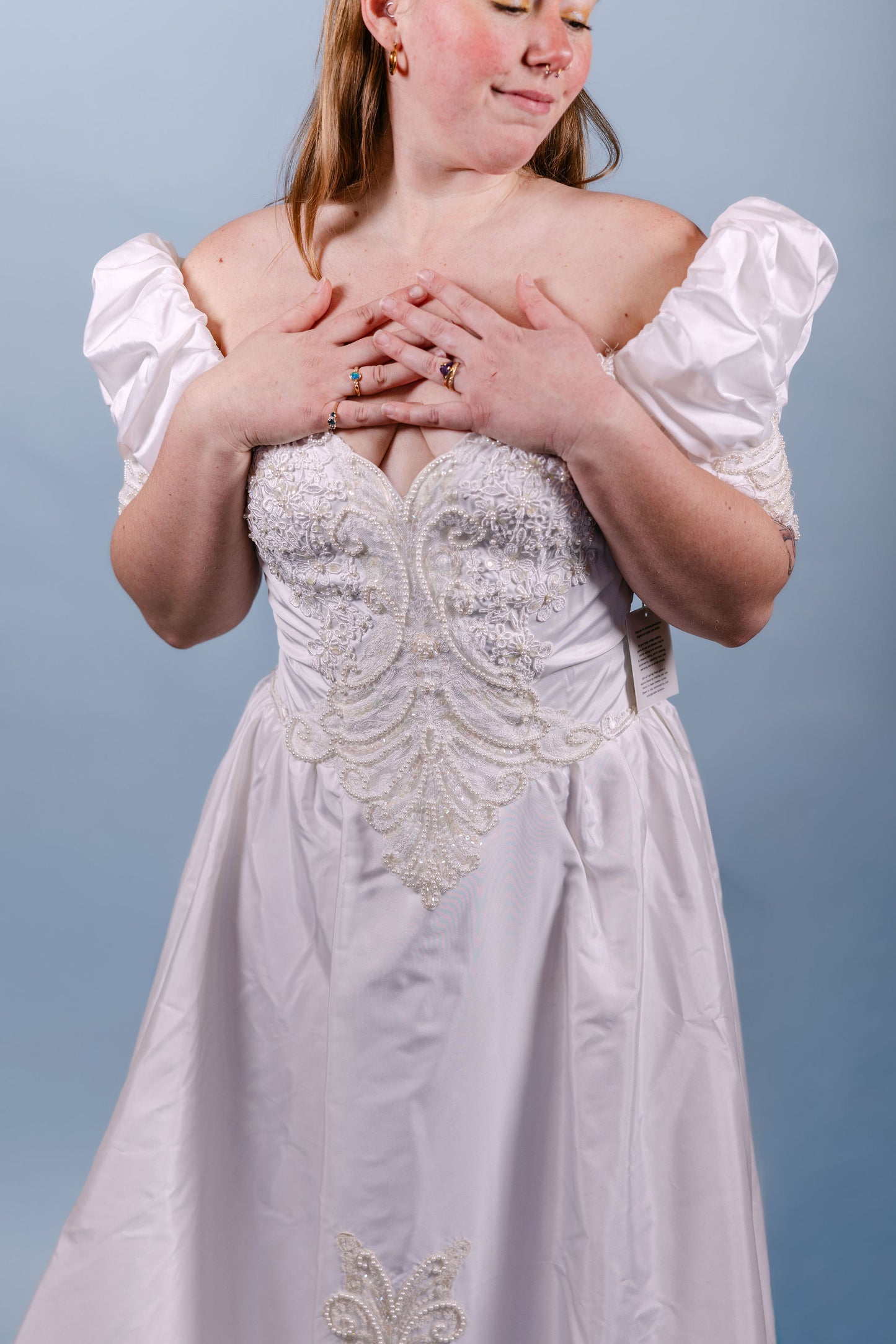 Jan: 1991, ruffle train, bead/pearls, A-line ballgown