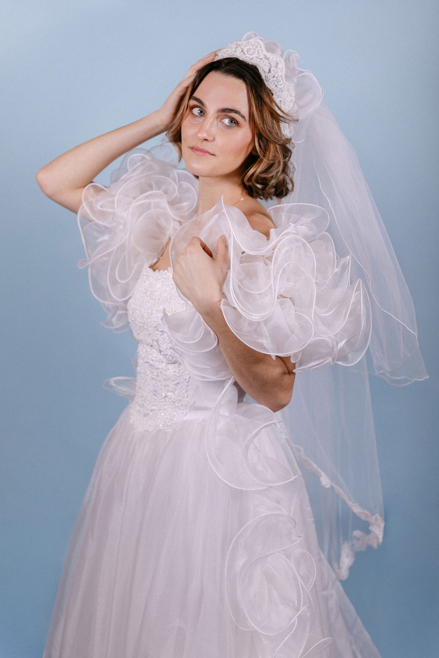 Robin: 1986 Designer Drama Ruffle A-Line Gown with Veil