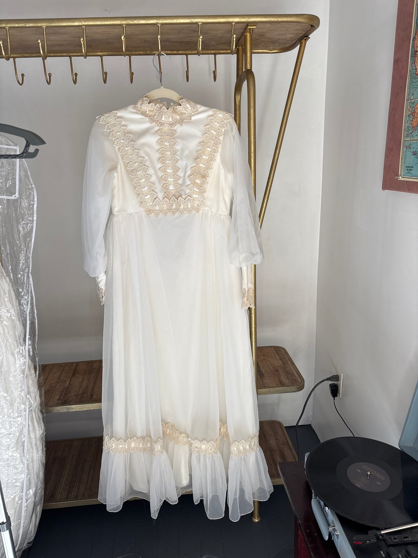 Kathy: 1970 Prairie Dress, Crocheted & Ribbon Trim, with Matching Cathedral Veil