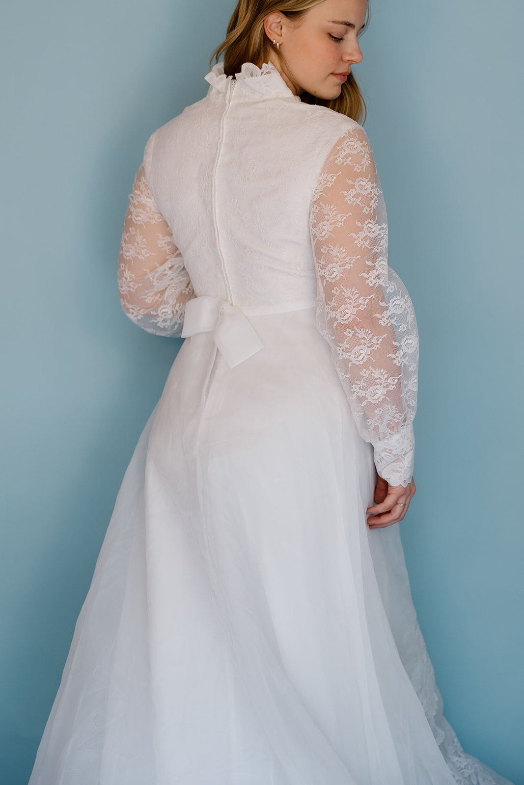 Morris: 1978 white, tiered skirt with tulle, long sleeves wedding dress