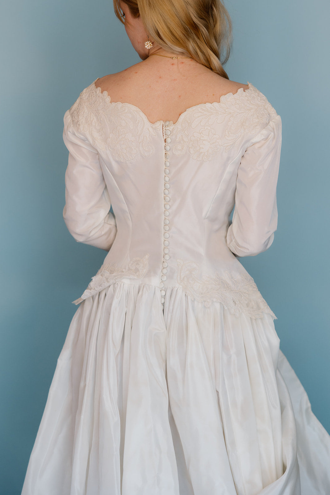 Dorothy: 1959 long sleeve ballgown with simple appliques