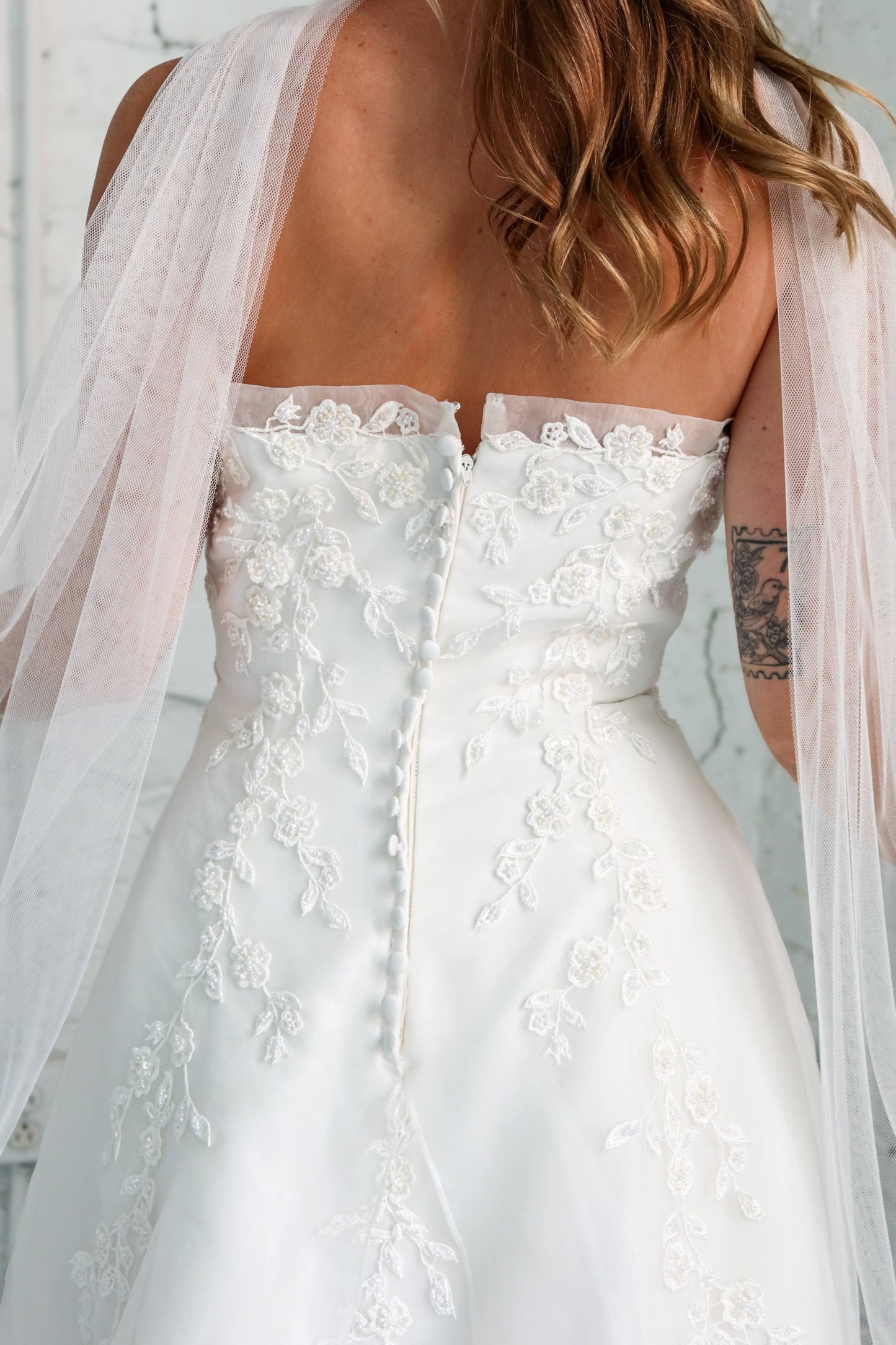 Amira: 2000s Strapless with Beading and Sheer Petal Train