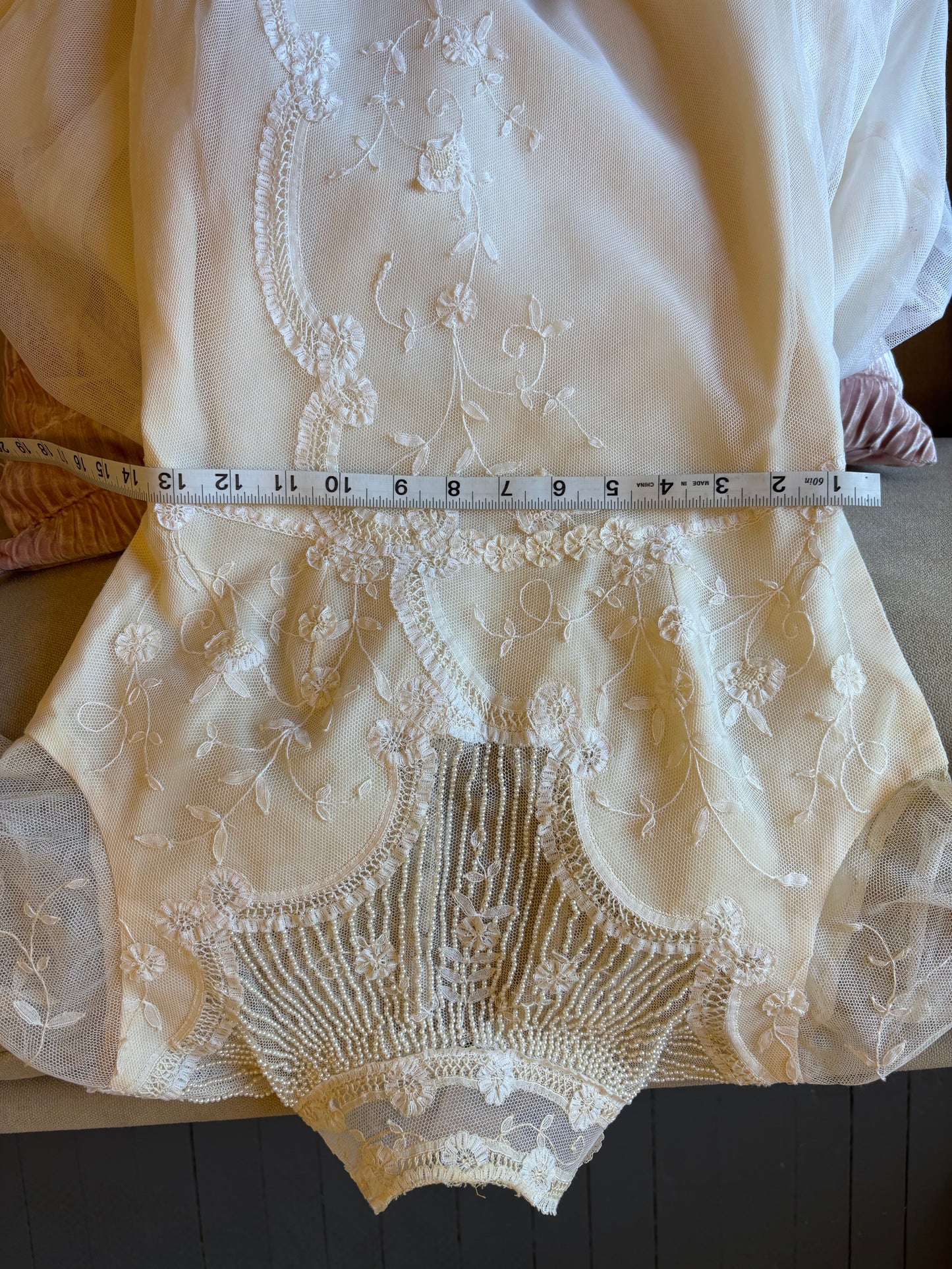 Heloise: 1978 Sheer long sleeves, Belgian lace, crystal & pearls