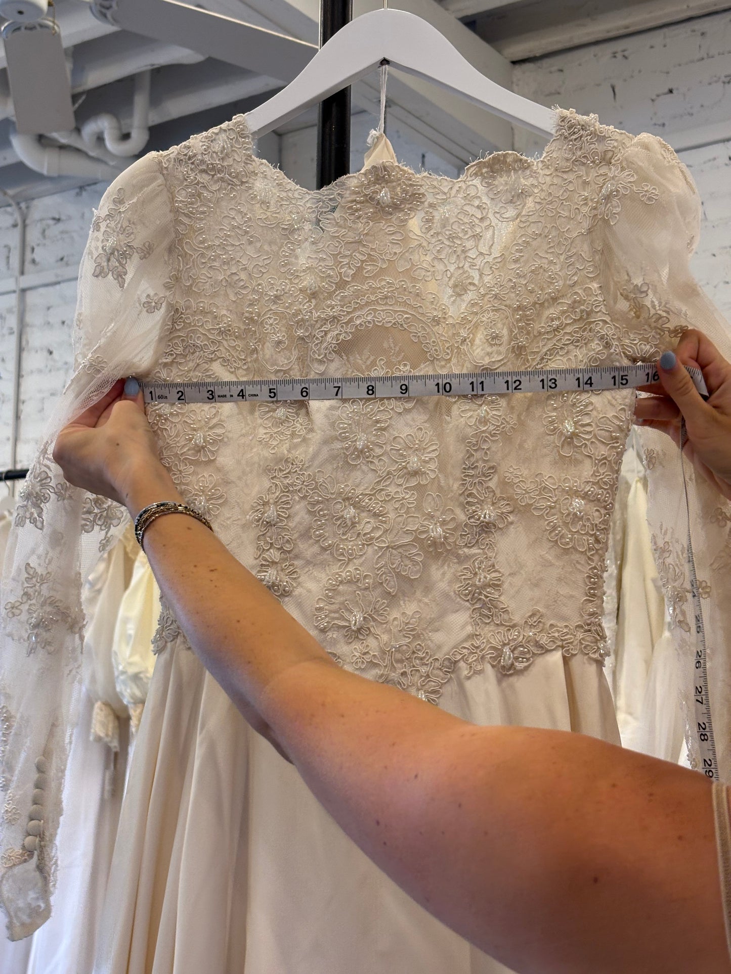 Olivia: 1992 Ivory Long Sleeve Gown, Lace & Pearl Appliqué & 3D Beads