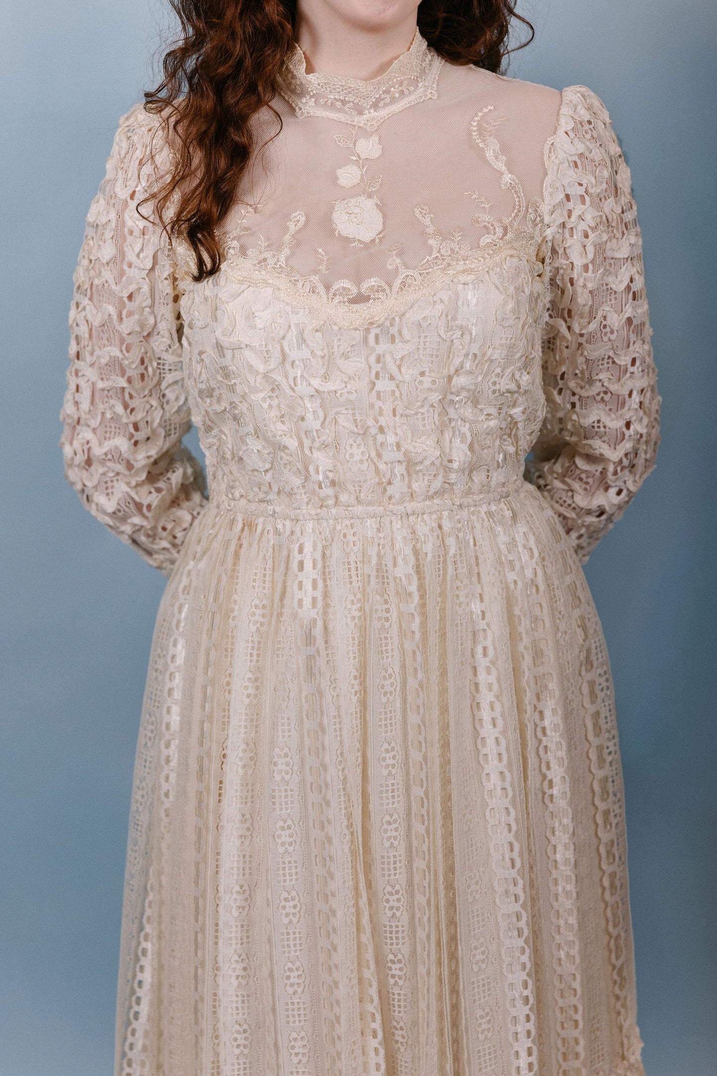 Nina: 1970s LS Tea Length Wedding Dress with Lace & 3D Ribbon