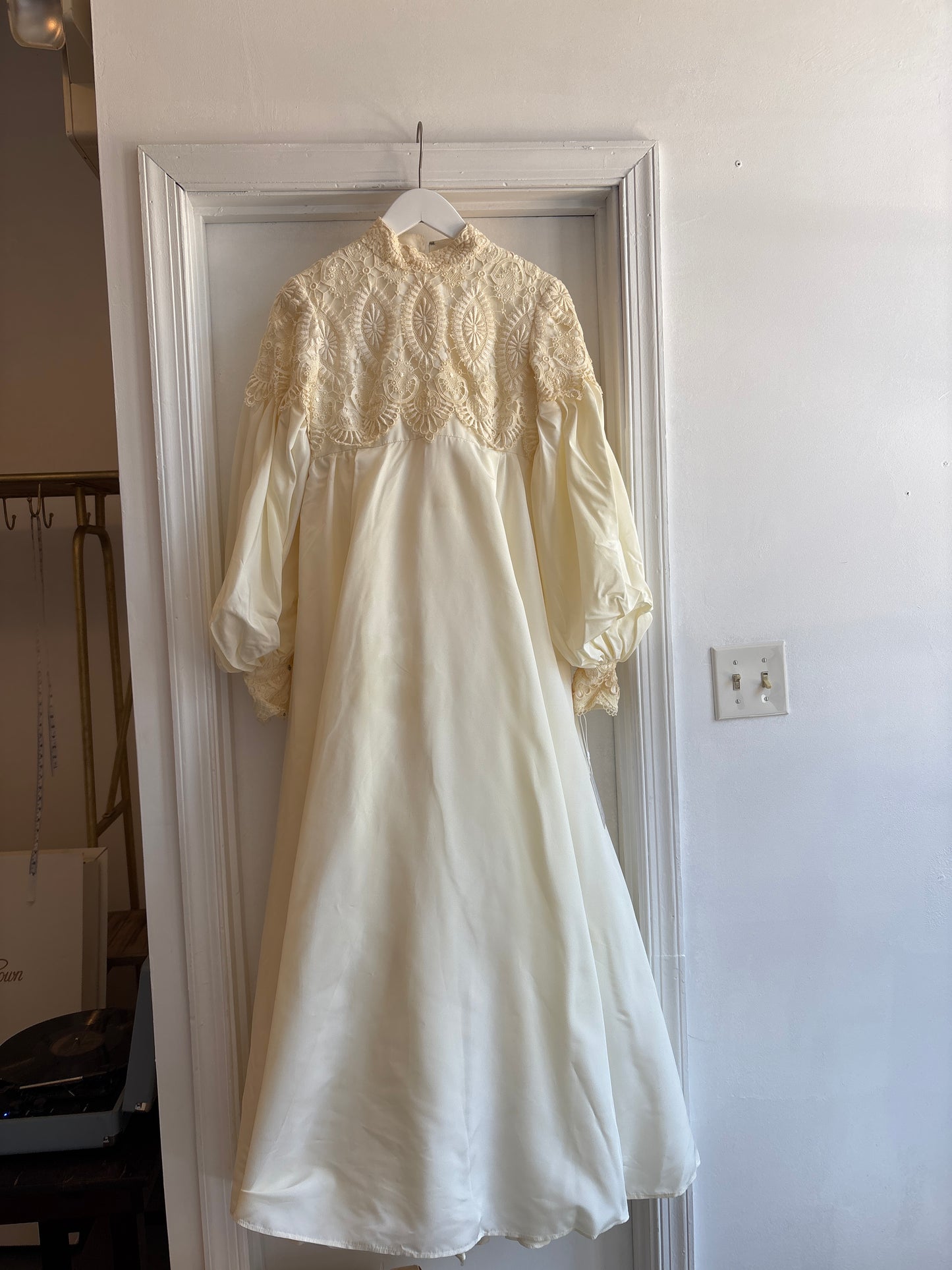 Chris: 1970 prairie style dress with detachable train and veil ￼