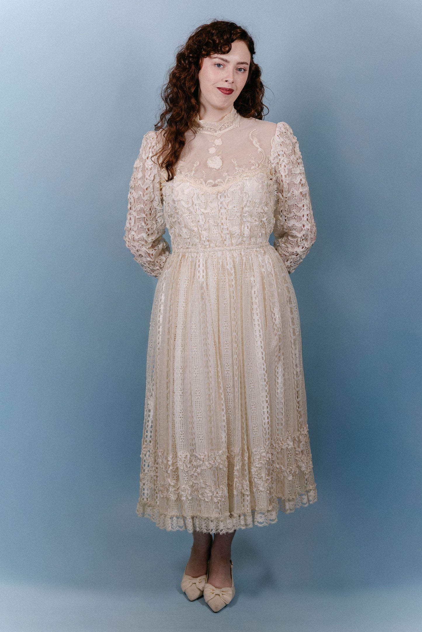 Nina: 1970s LS Tea Length Wedding Dress with Lace & 3D Ribbon
