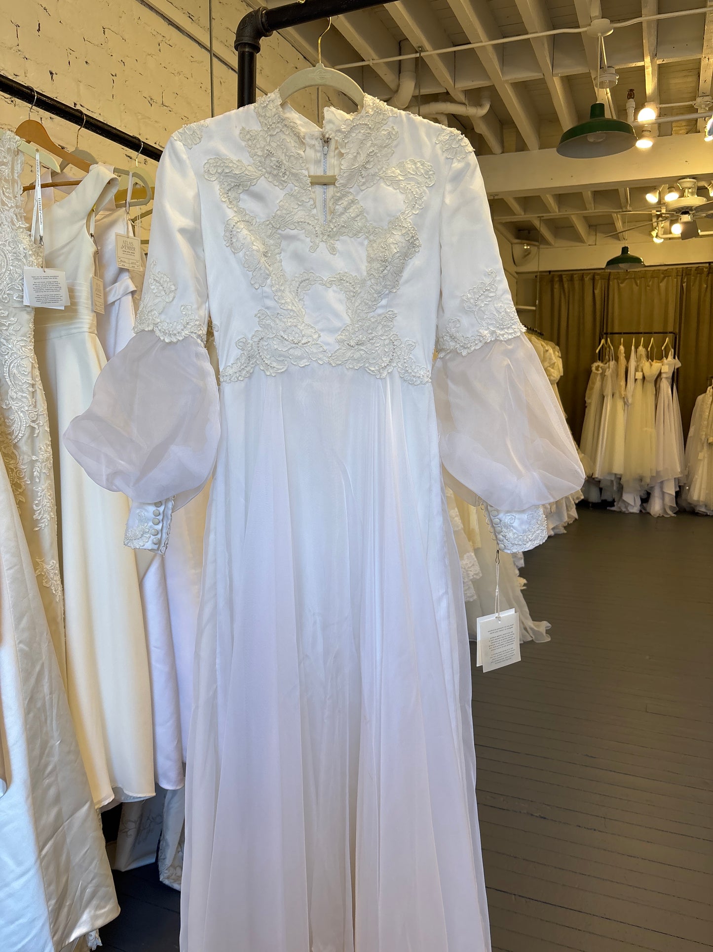 Farrah: late 1960s, sheer chiffon skirt and arms, with lace and pearls