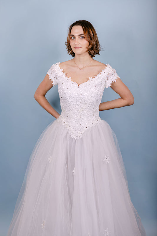 Diane: 1960s Tulle A-Line Gown, Cap Sleeve with Flowers & Gems