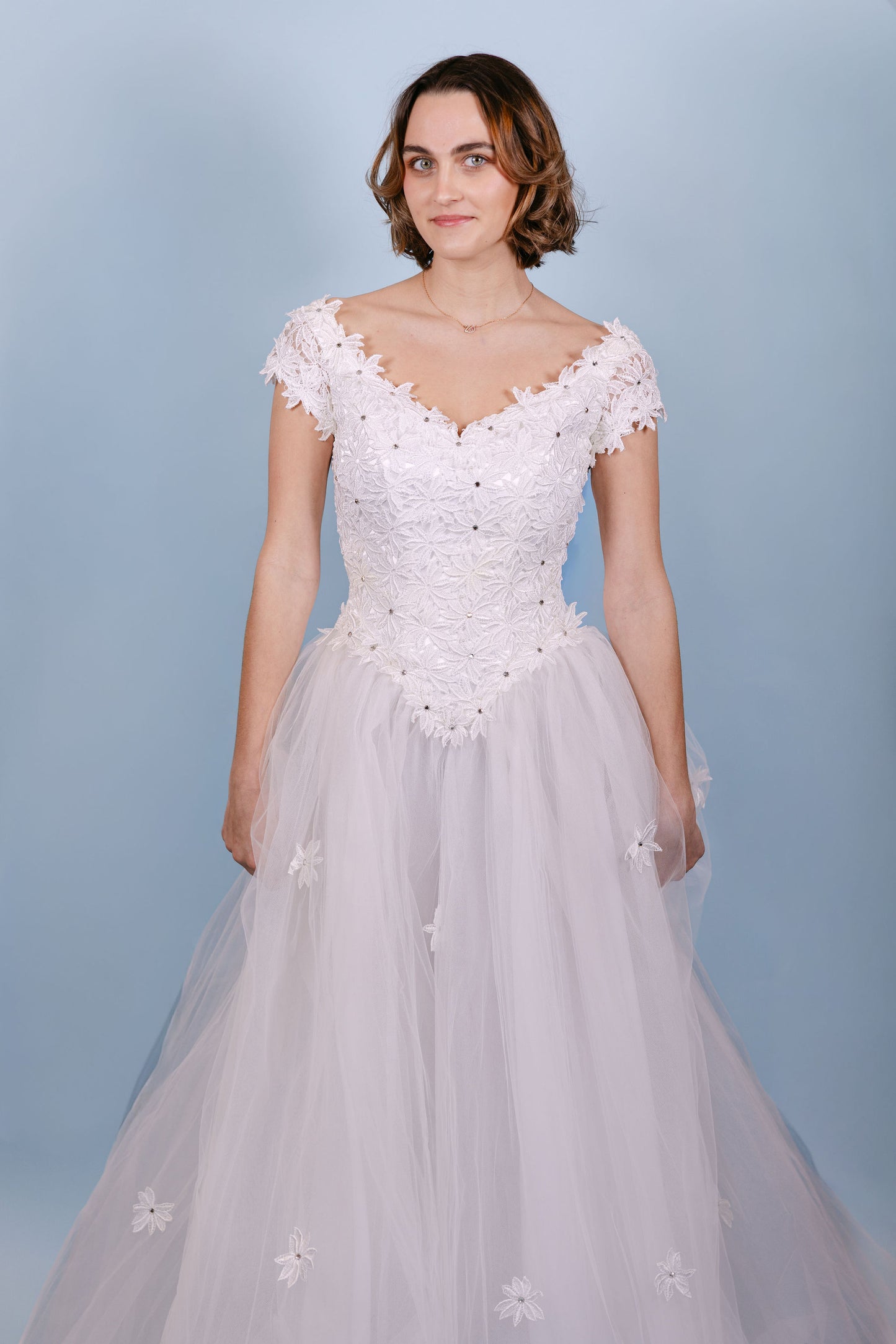 Diane: 1960s Tulle A-Line Gown, Cap Sleeve with Flowers & Gems
