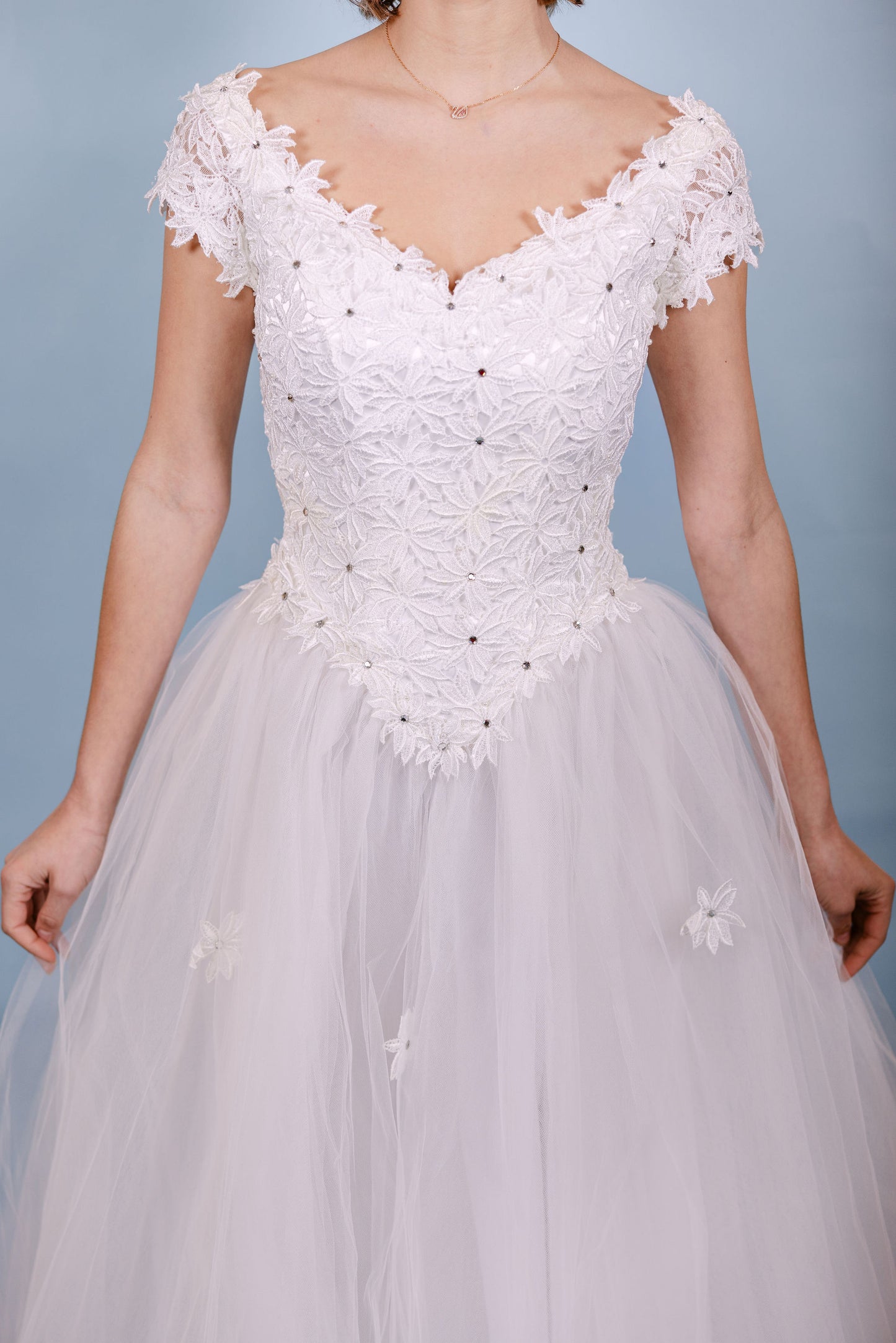 Diane: 1960s Tulle A-Line Gown, Cap Sleeve with Flowers & Gems