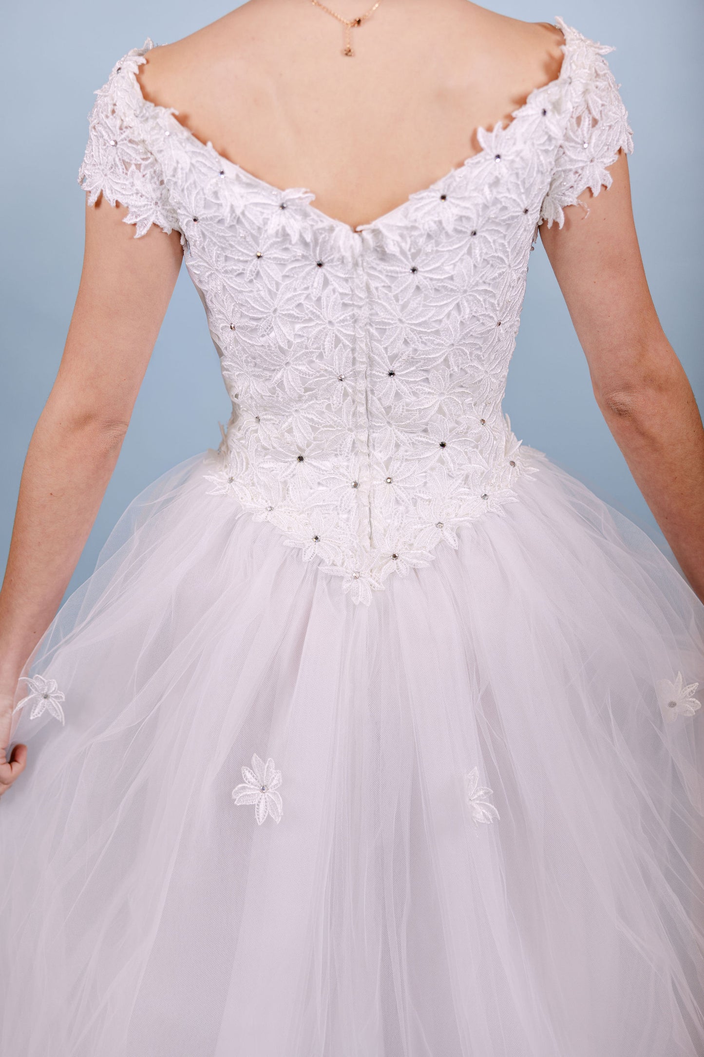 Diane: 1960s Tulle A-Line Gown, Cap Sleeve with Flowers & Gems