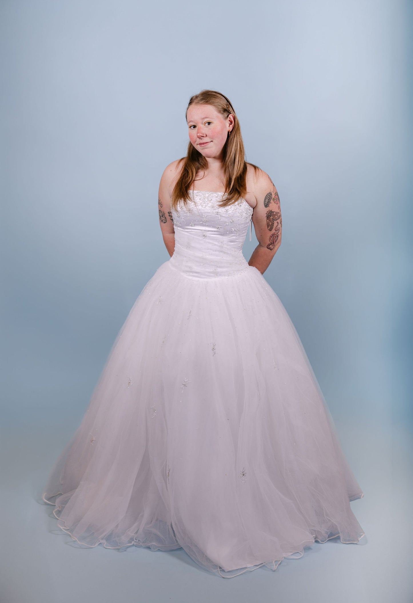 Stefanie: 2001 tulle strapless ball gown with detachable train and double veil