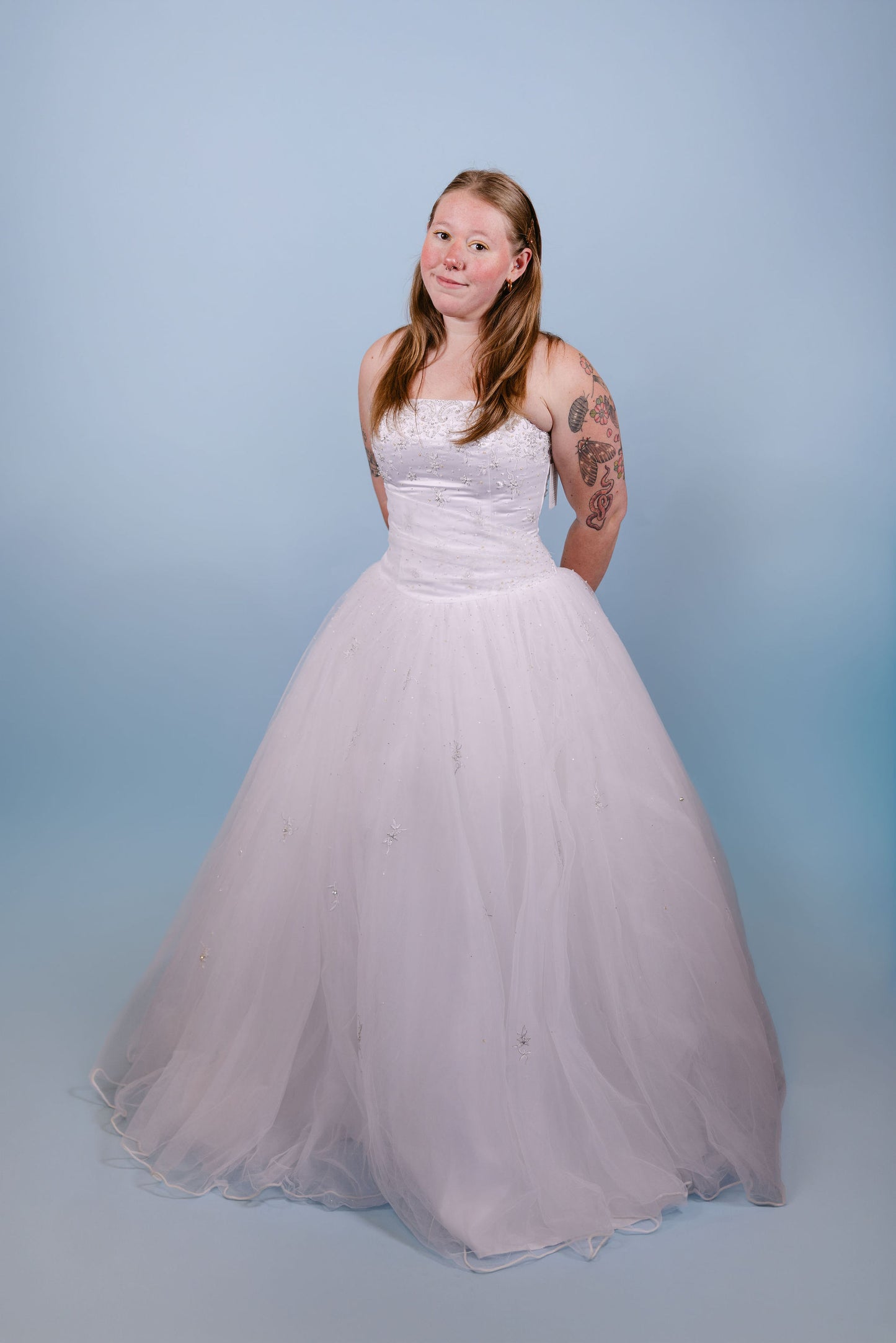 Stefanie: 2001 tulle strapless ball gown with detachable train and double veil