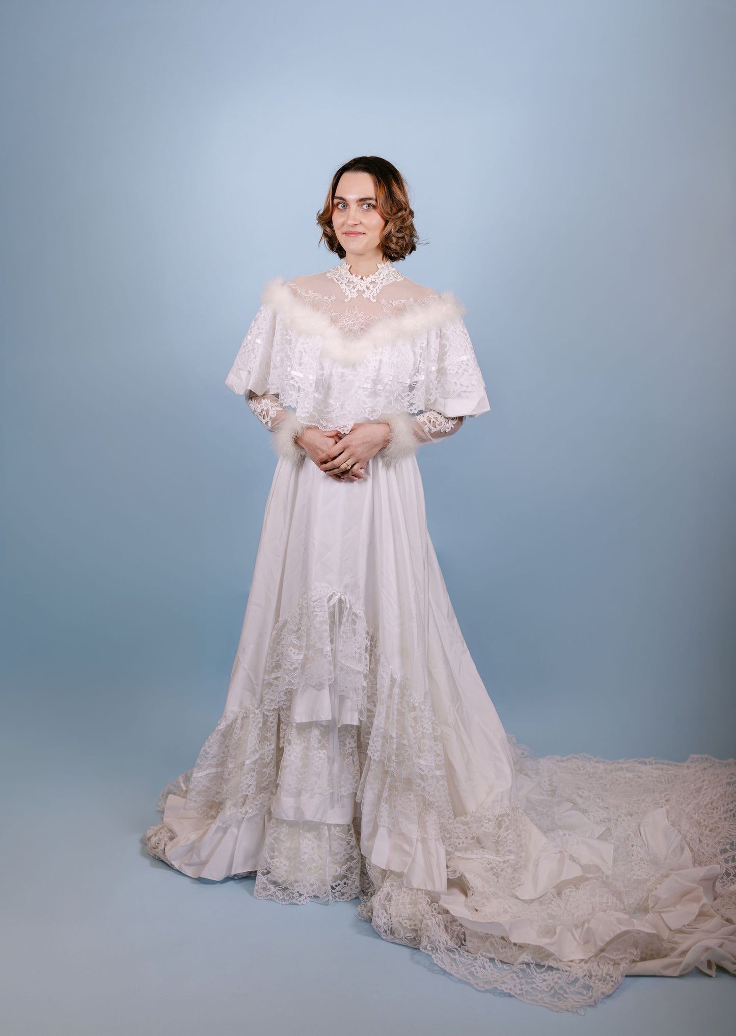 Candice: 1970s Long Sleeve Gown with Tiered Ruffles and Fur Details