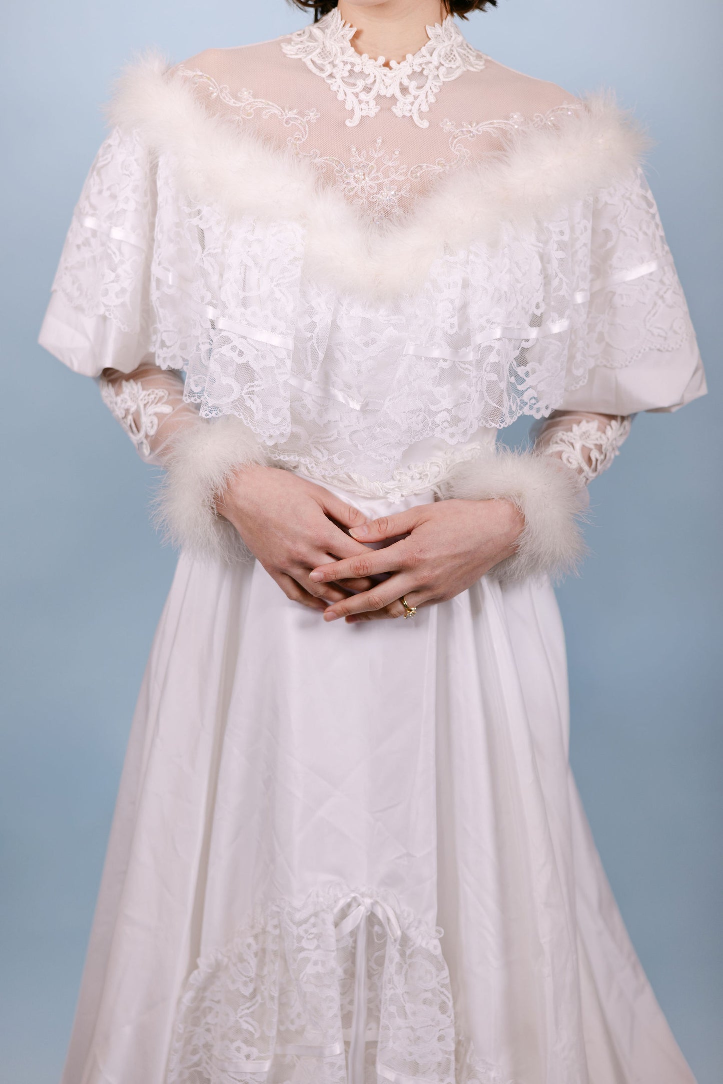 Candice: 1970s Long Sleeve Gown with Tiered Ruffles and Fur Details