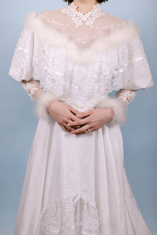 Candice: 1970s Long Sleeve Gown with Tiered Ruffles and Fur Details