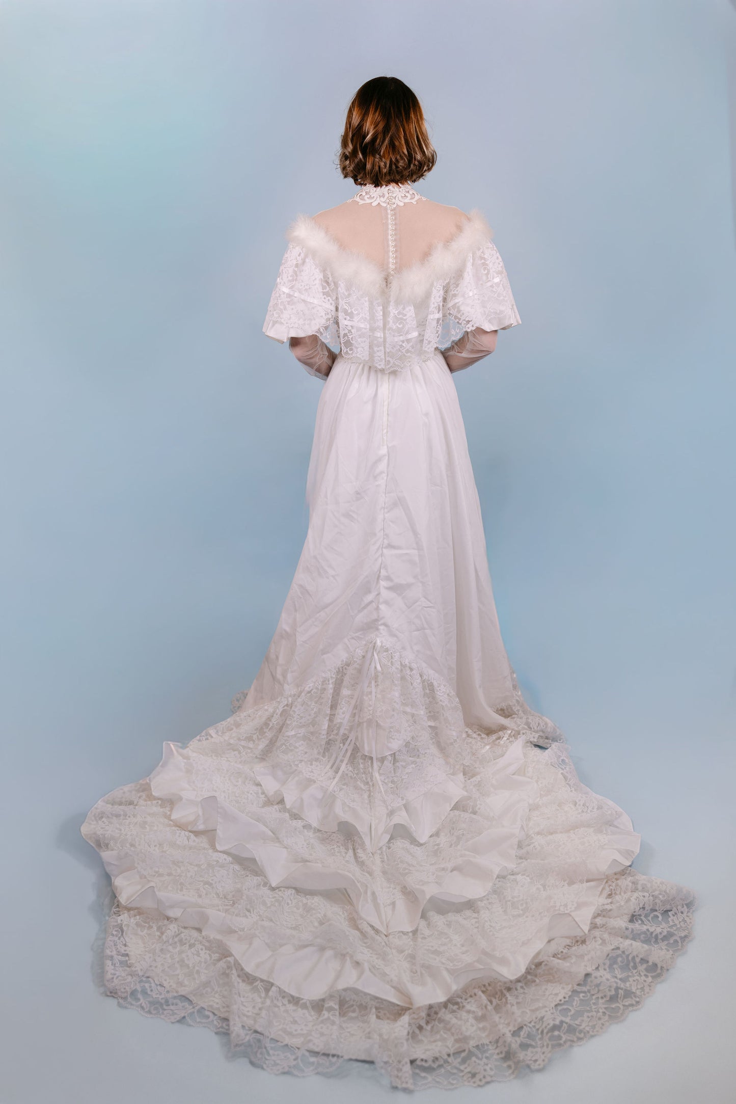 Candice: 1970s Long Sleeve Gown with Tiered Ruffles and Fur Details