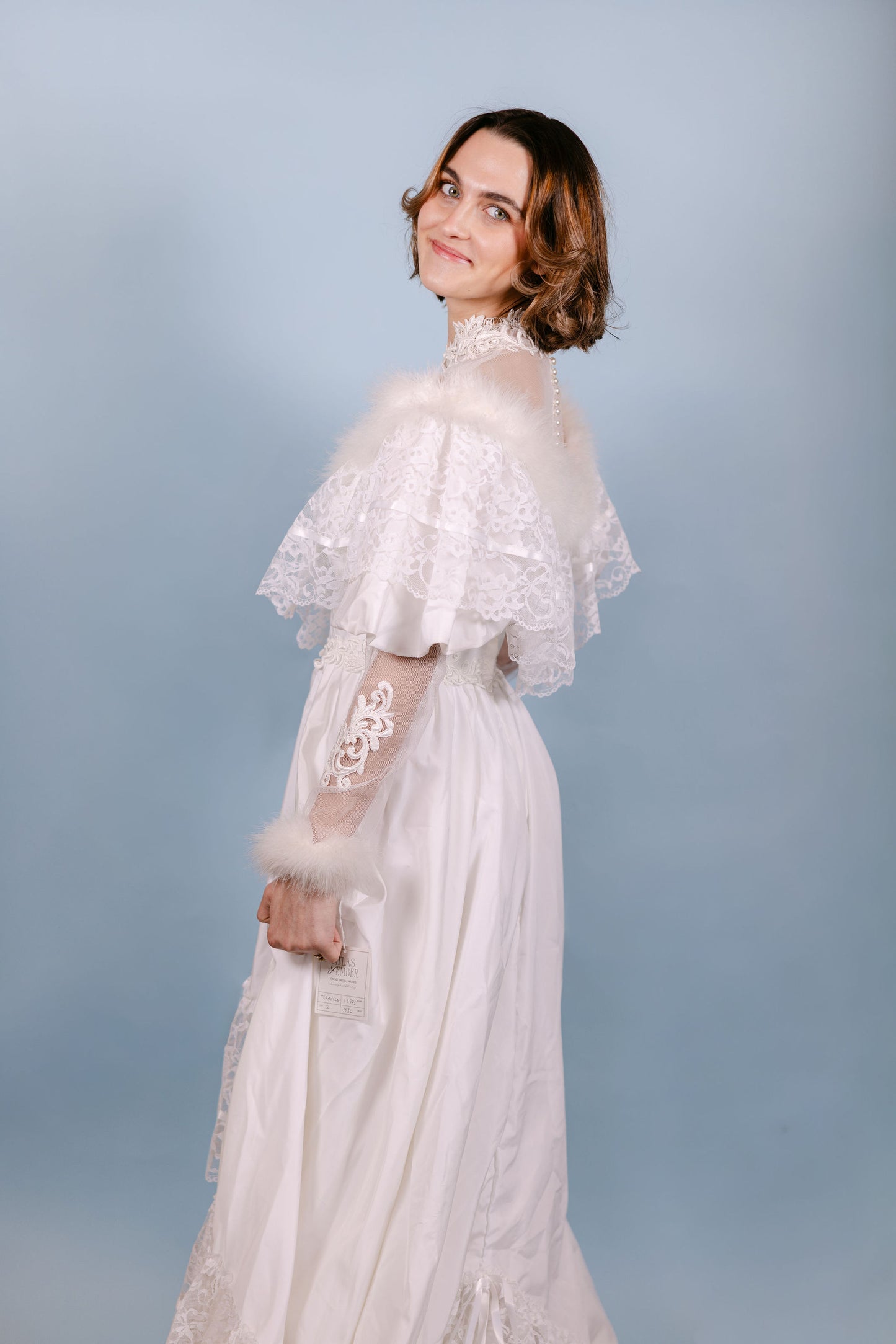 Candice: 1970s Long Sleeve Gown with Tiered Ruffles and Fur Details
