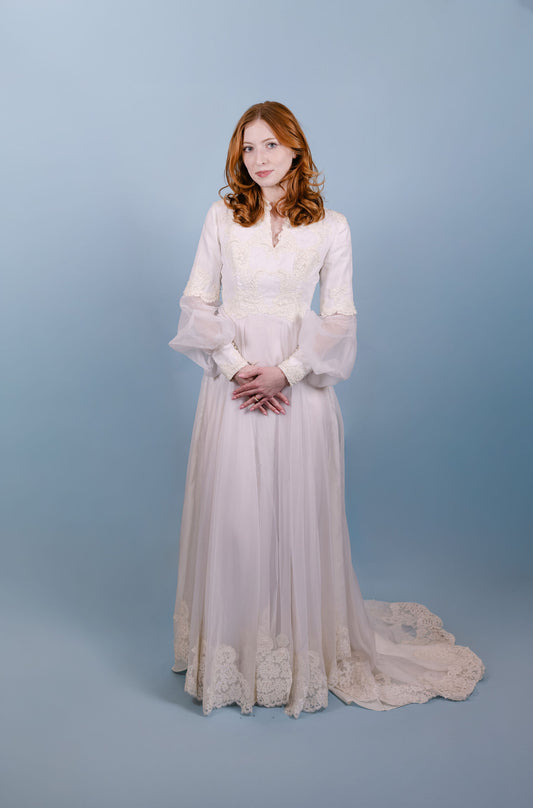 Farrah: late 1960s, sheer chiffon skirt and arms, with lace and pearls