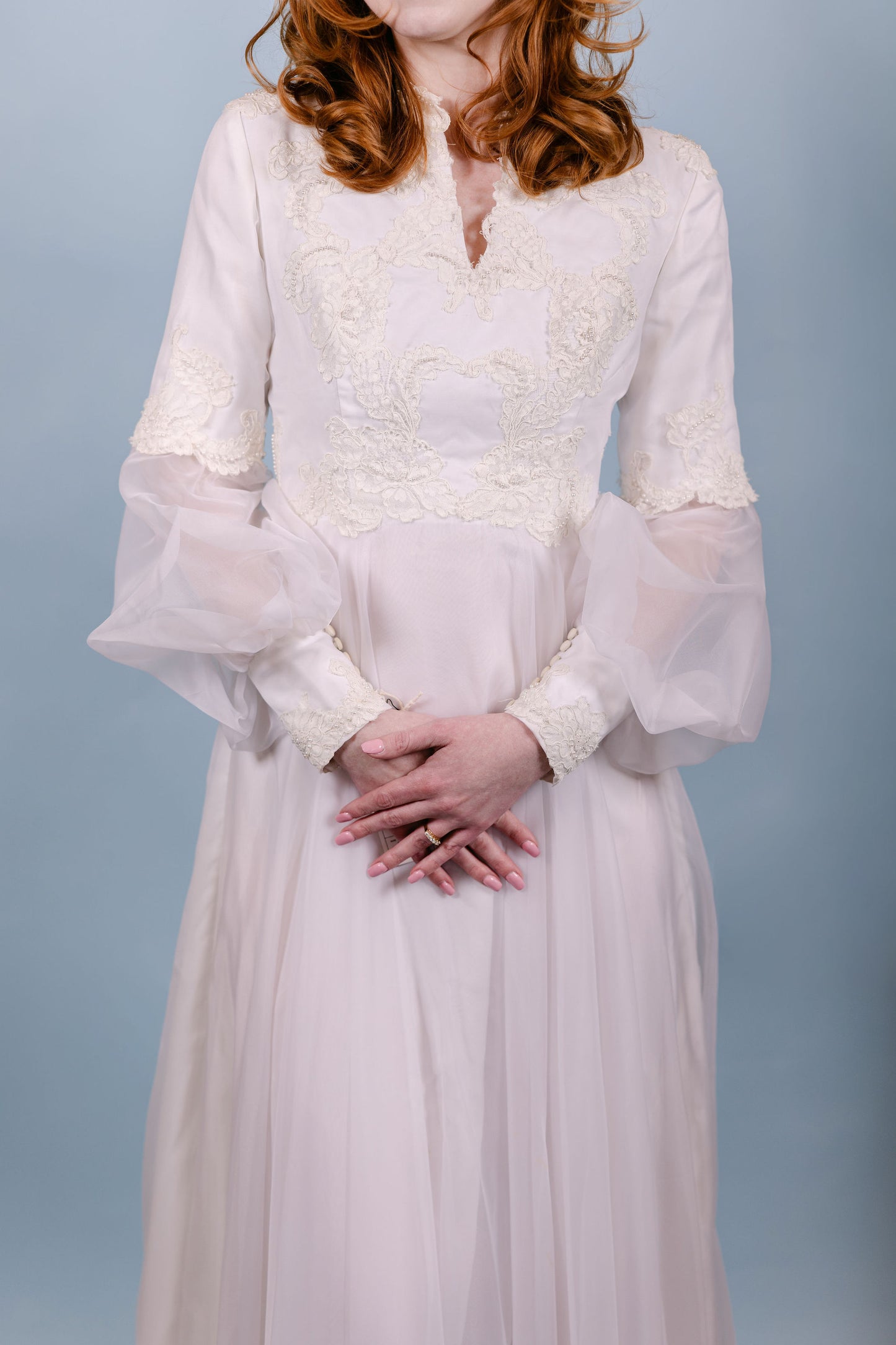 Farrah: late 1960s, sheer chiffon skirt and arms, with lace and pearls