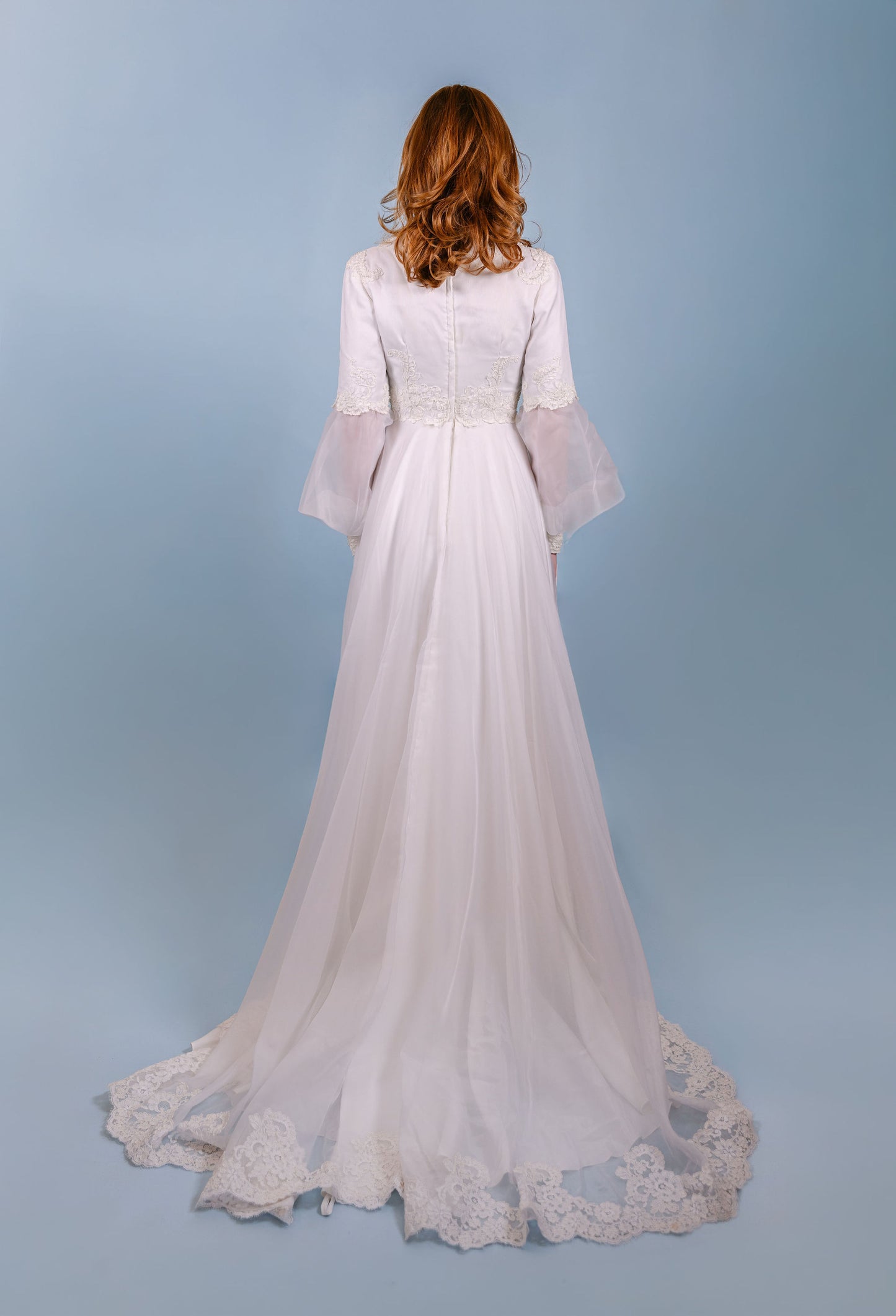 Farrah: late 1960s, sheer chiffon skirt and arms, with lace and pearls