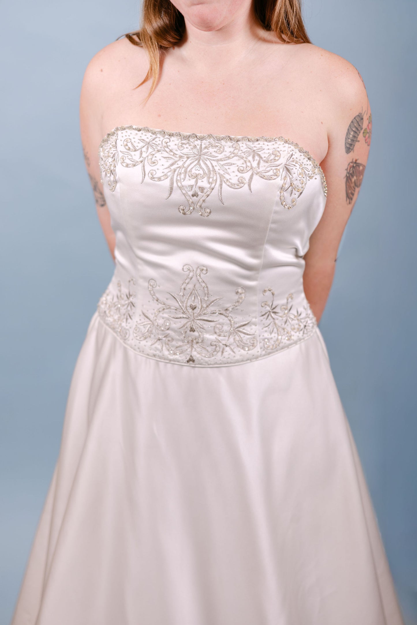 Herietta: Strapless, 2000s silver and gray stitching and beading around neckline and waist