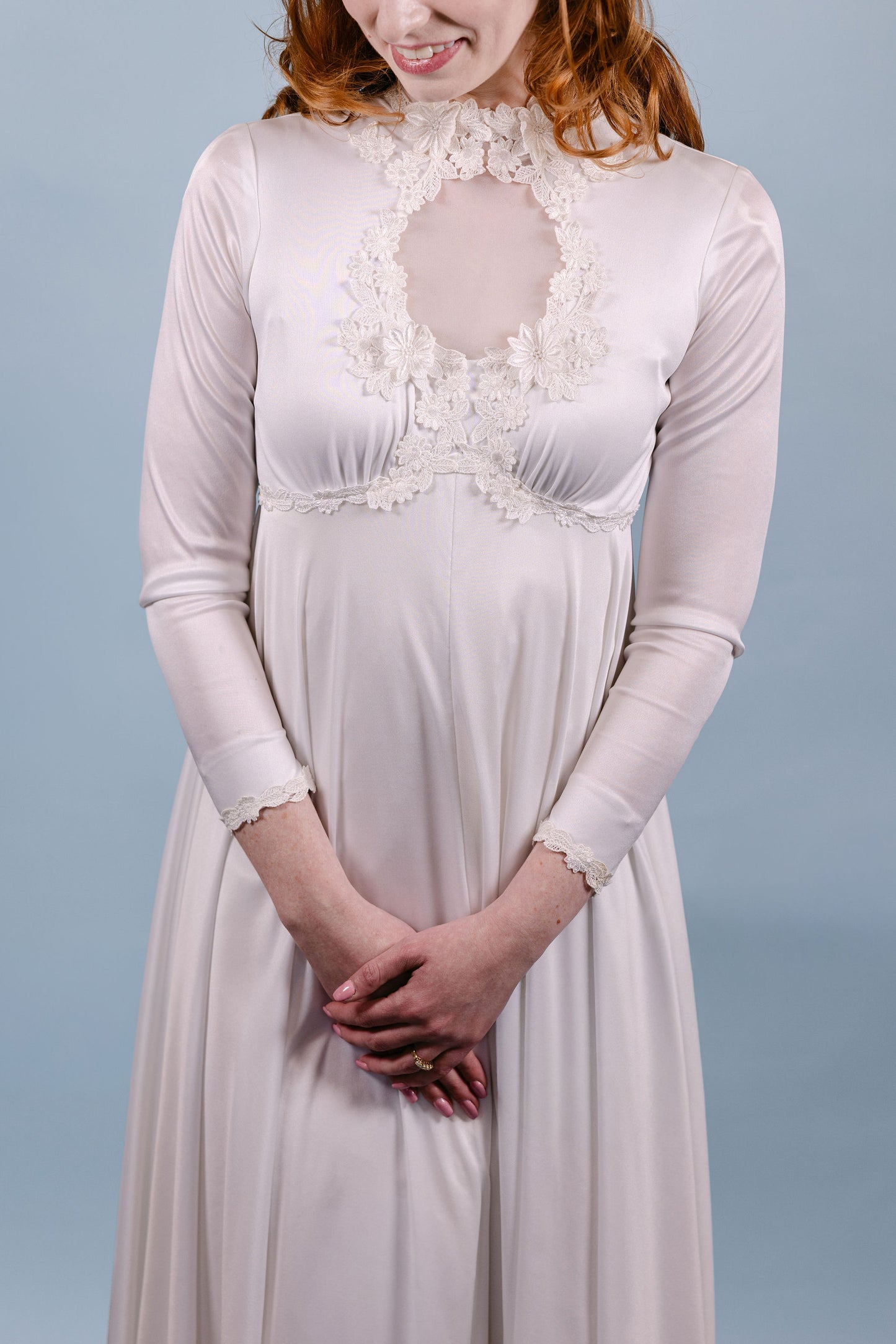 Faye: 1979 LS Gown with Peekaboo Circular Neckline & Florals