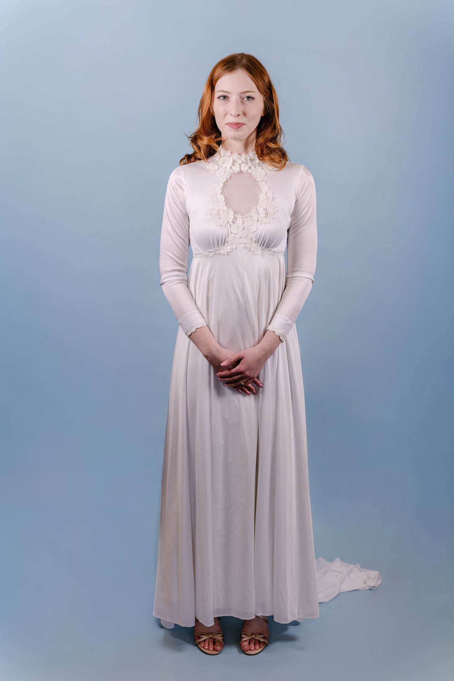 Faye: 1979 LS Gown with Peekaboo Circular Neckline & Florals