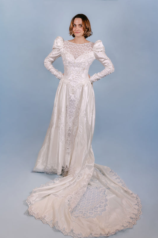 Frankie: exquiste beading, pearls, puffy shoulders, long train, 1980s