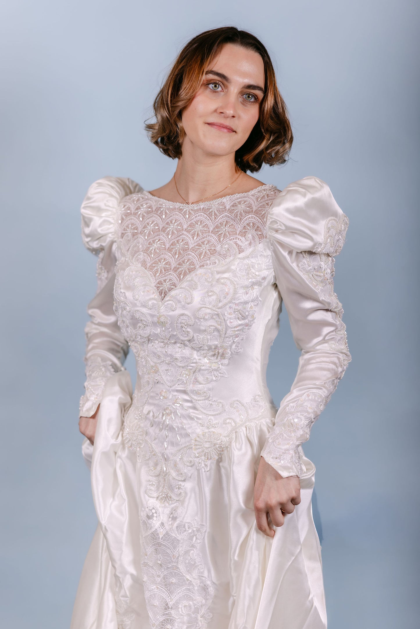 Frankie: exquiste beading, pearls, puffy shoulders, long train, 1980s