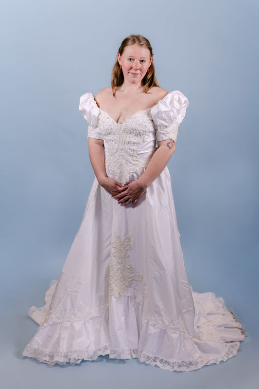 Jan: 1991, ruffle train, bead/pearls, A-line ballgown