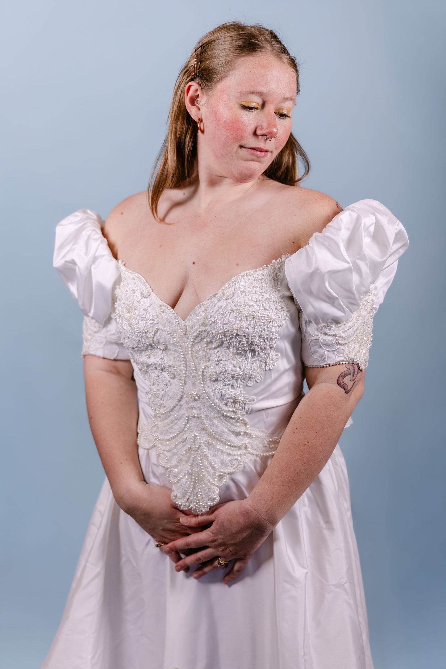 Jan: 1991, ruffle train, bead/pearls, A-line ballgown