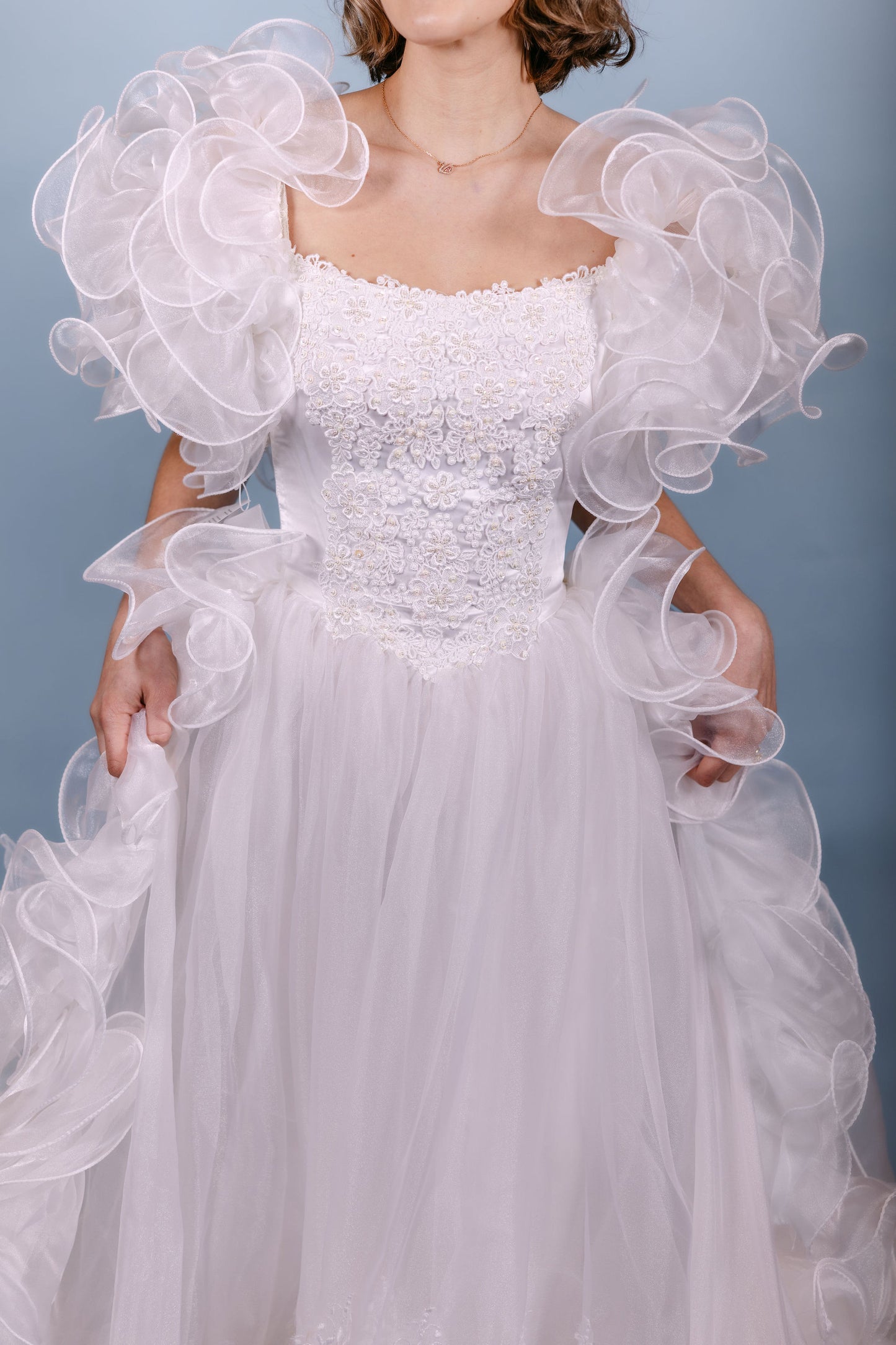 Robin: 1986 Designer Drama Ruffle A-Line Gown with Veil
