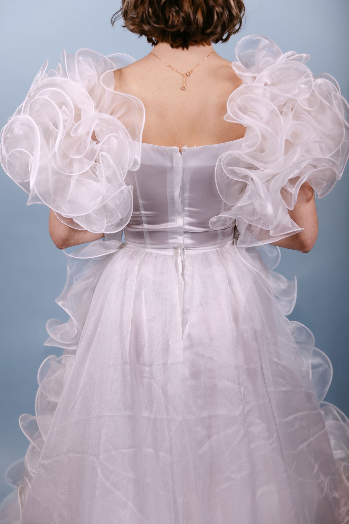 Robin: 1986 Designer Drama Ruffle A-Line Gown with Veil