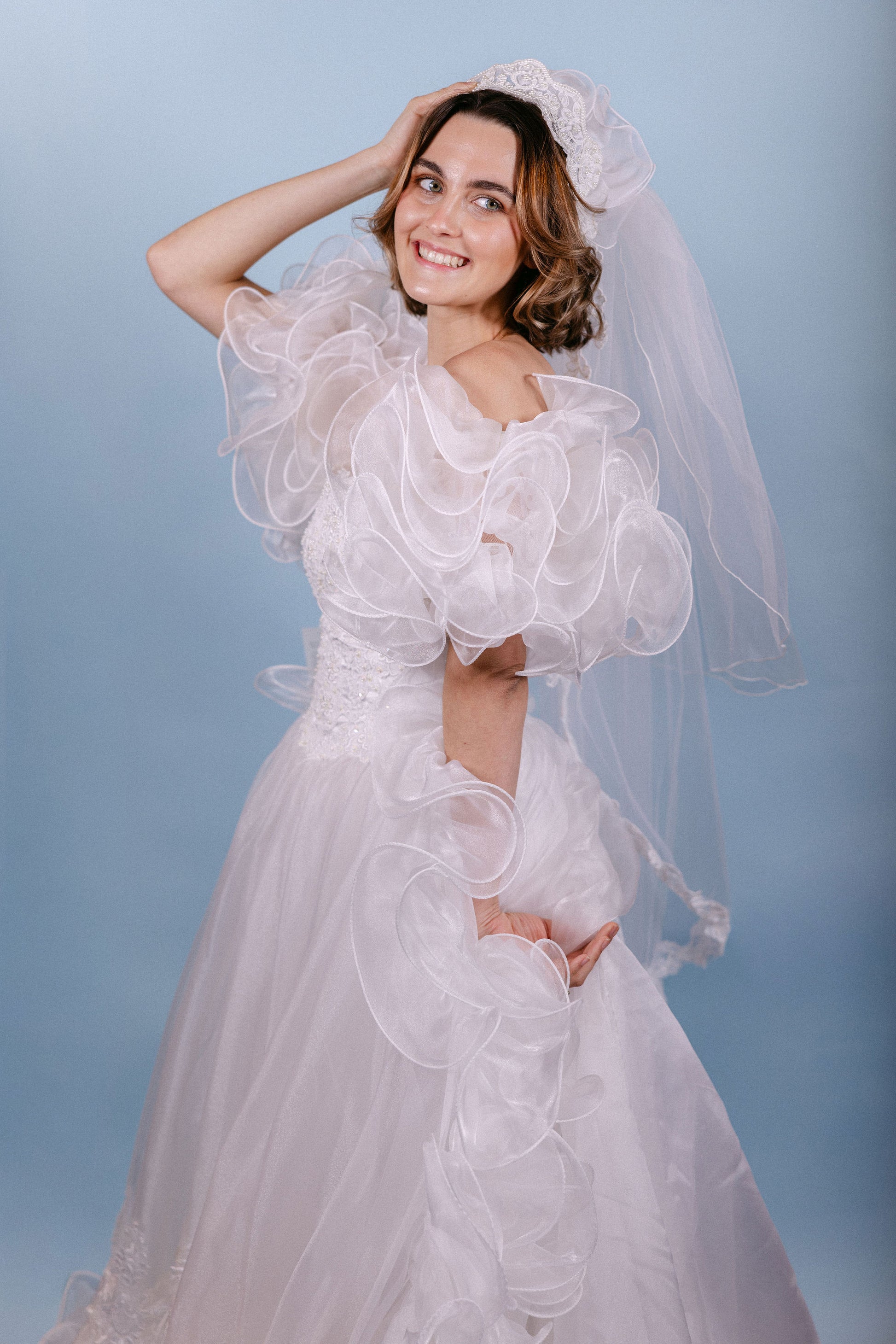 Robin: 1986 Designer Drama Ruffle A-Line Gown with Veil – Atlas & Ember: Vintage Bridal Dresses