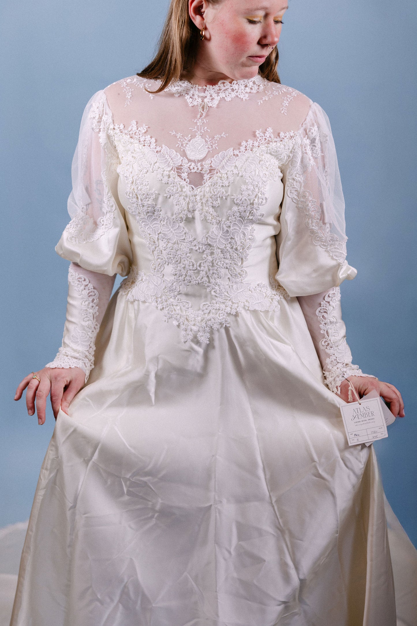 Bea: Candlelight Satin 1980s LS Overlay with Botanical Lace