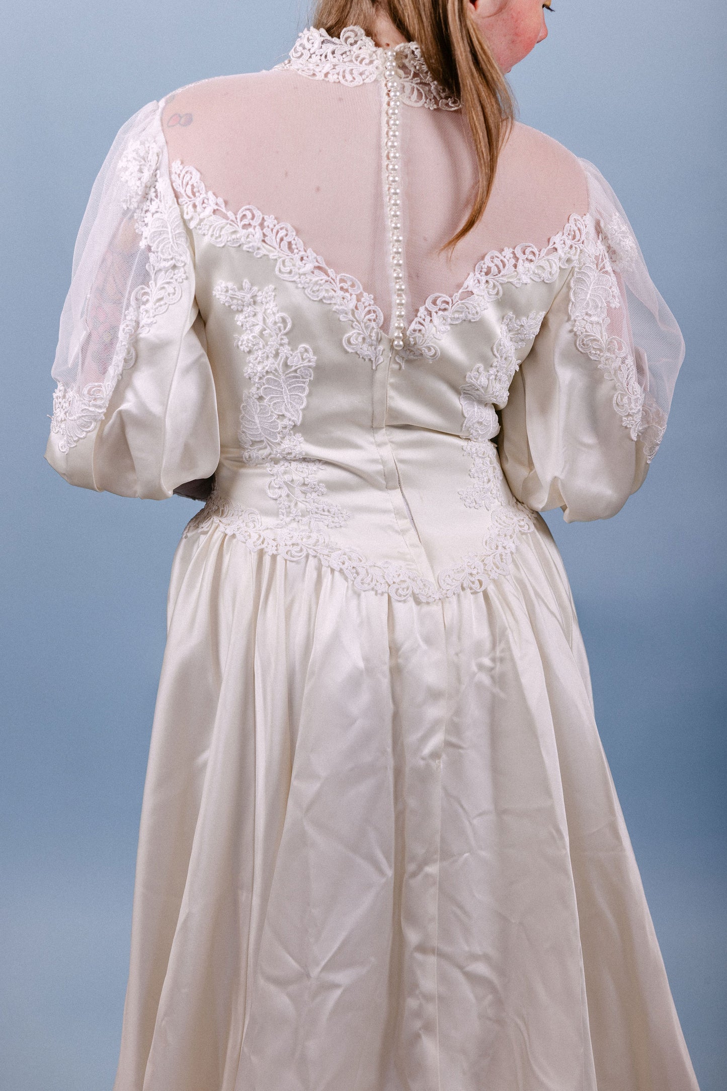 Bea: Candlelight Satin 1980s LS Overlay with Botanical Lace