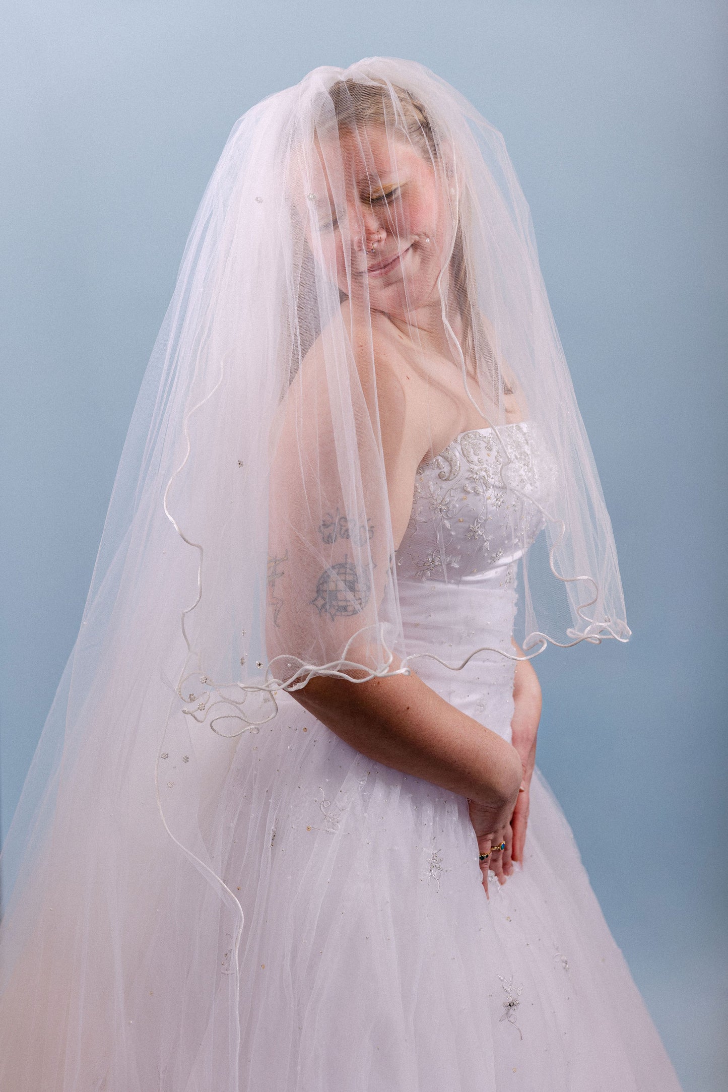 Stefanie: 2001 tulle strapless ball gown with detachable train and double veil