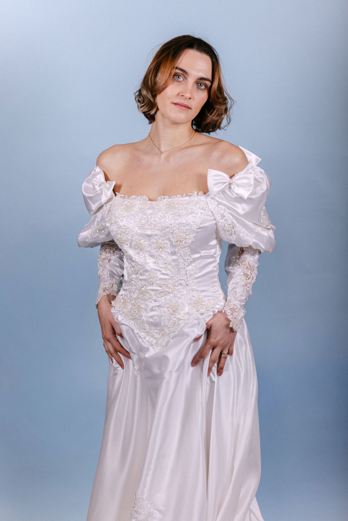 Gail: 1987 Beaded Gown with Basque Waist, Bow Sleeves, Detachable LS and Sheer Panel Train