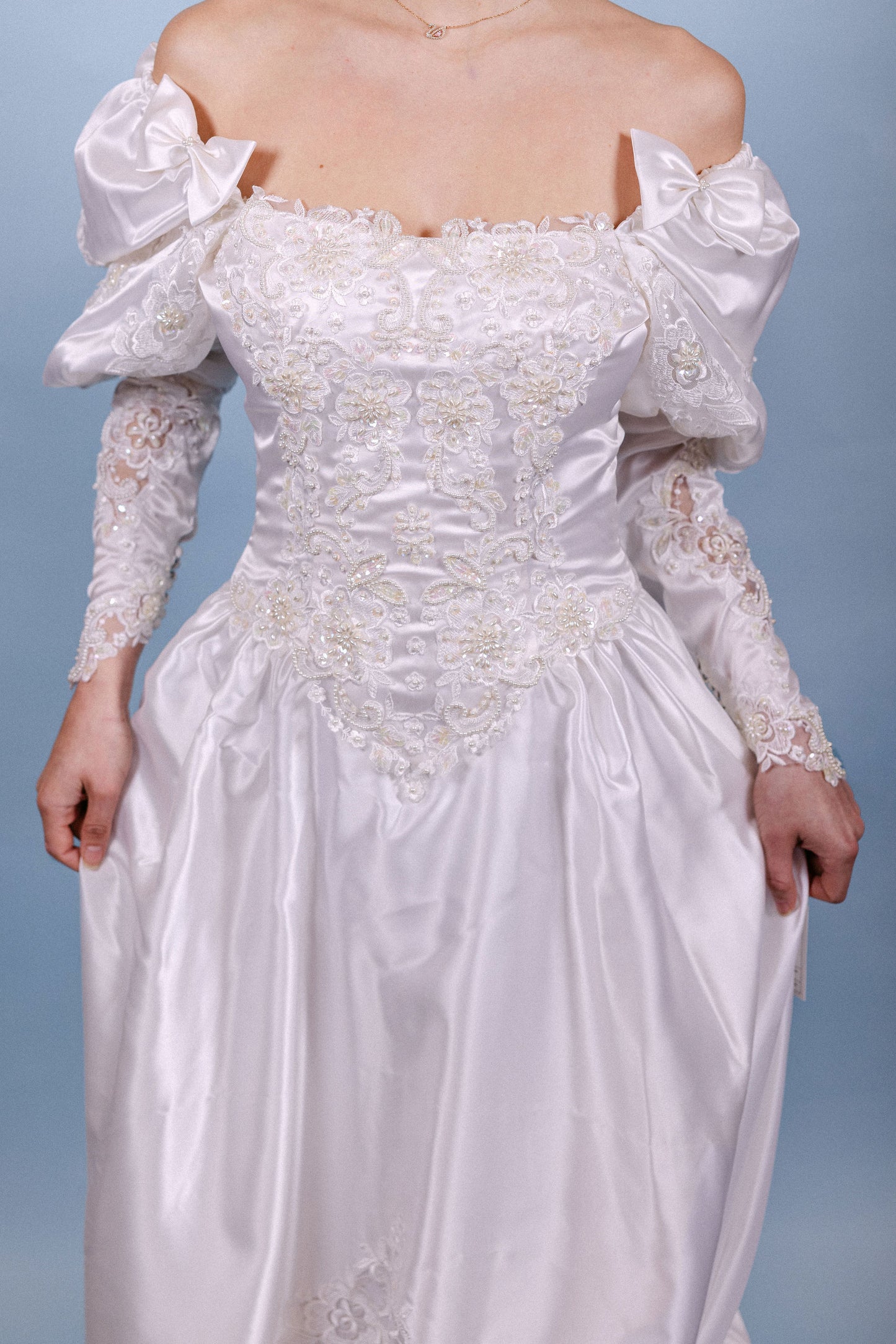 Gail: 1987 Beaded Gown with Basque Waist, Bow Sleeves, Detachable LS and Sheer Panel Train