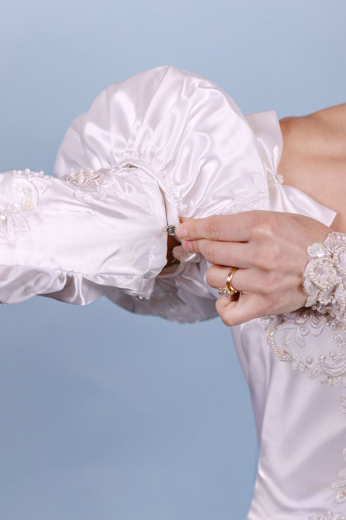 Gail: 1987 Beaded Gown with Basque Waist, Bow Sleeves, Detachable LS and Sheer Panel Train