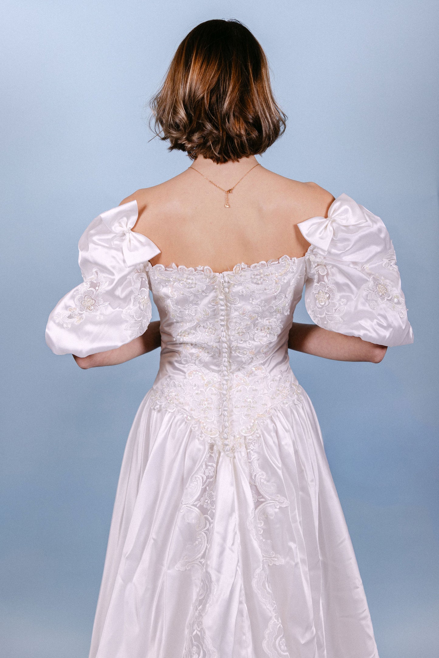 Gail: 1987 Beaded Gown with Basque Waist, Bow Sleeves, Detachable LS and Sheer Panel Train