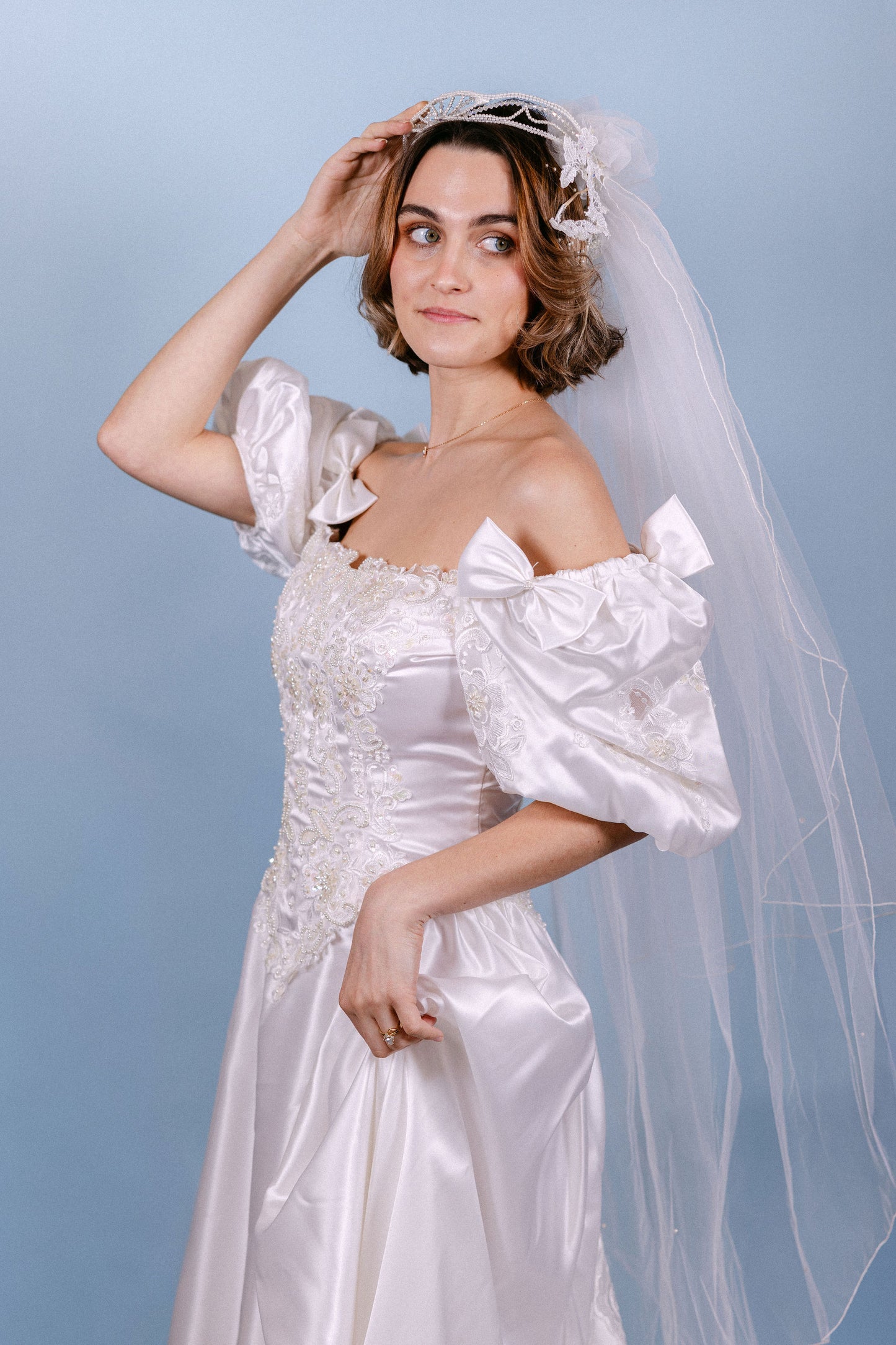 Gail: 1987 Beaded Gown with Basque Waist, Bow Sleeves, Detachable LS and Sheer Panel Train