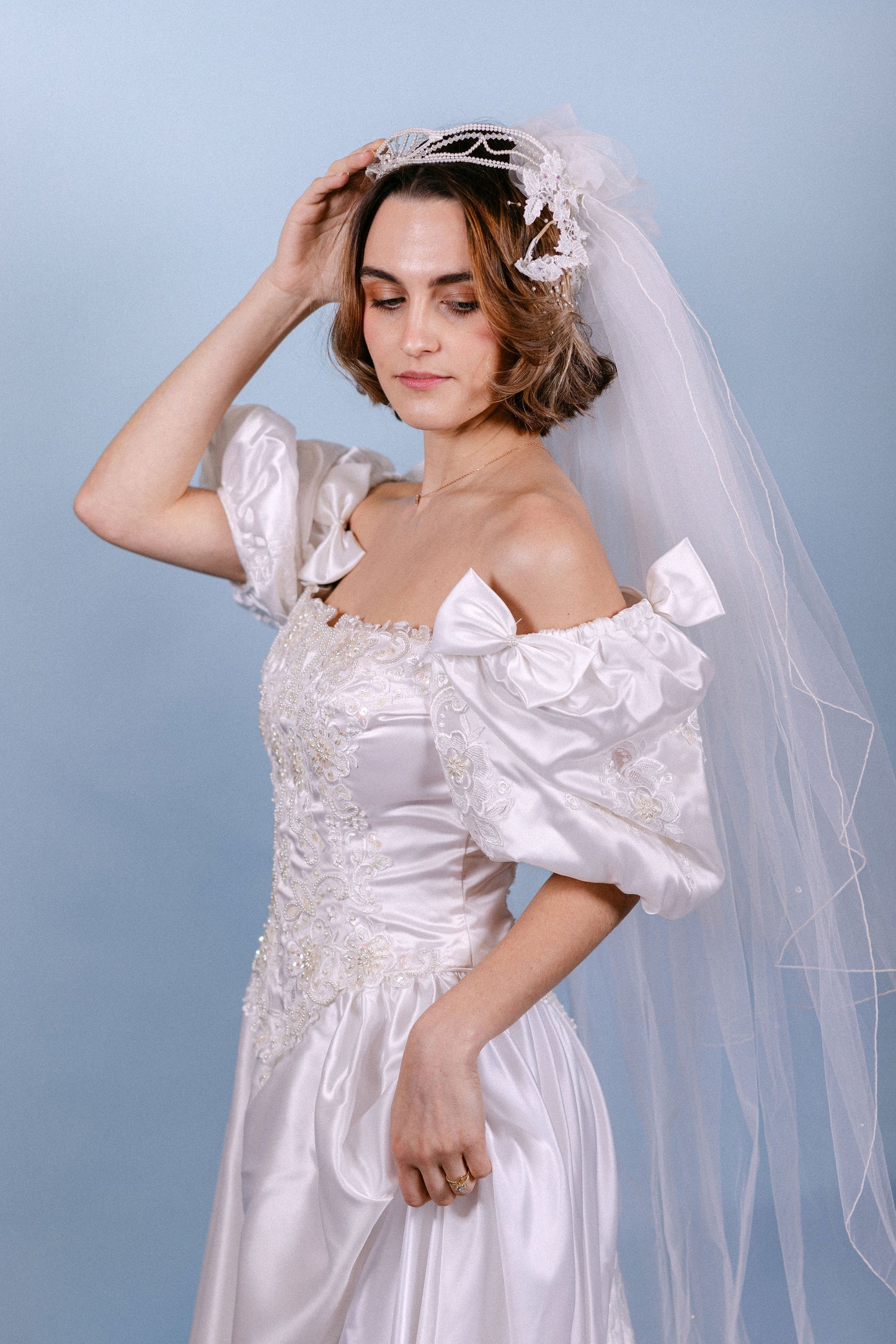 Gail: 1987 Beaded Gown with Basque Waist, Bow Sleeves, Detachable LS and Sheer Panel Train