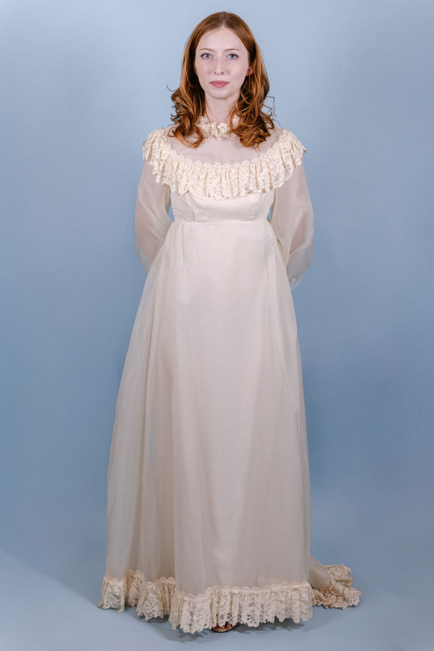 Beth: 1969 Chiffon Empire Gown with Lace Ruffle & Bow