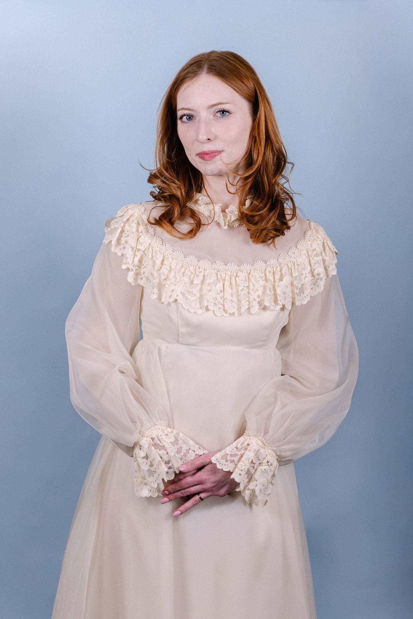 Beth: 1969 Chiffon Empire Gown with Lace Ruffle & Bow