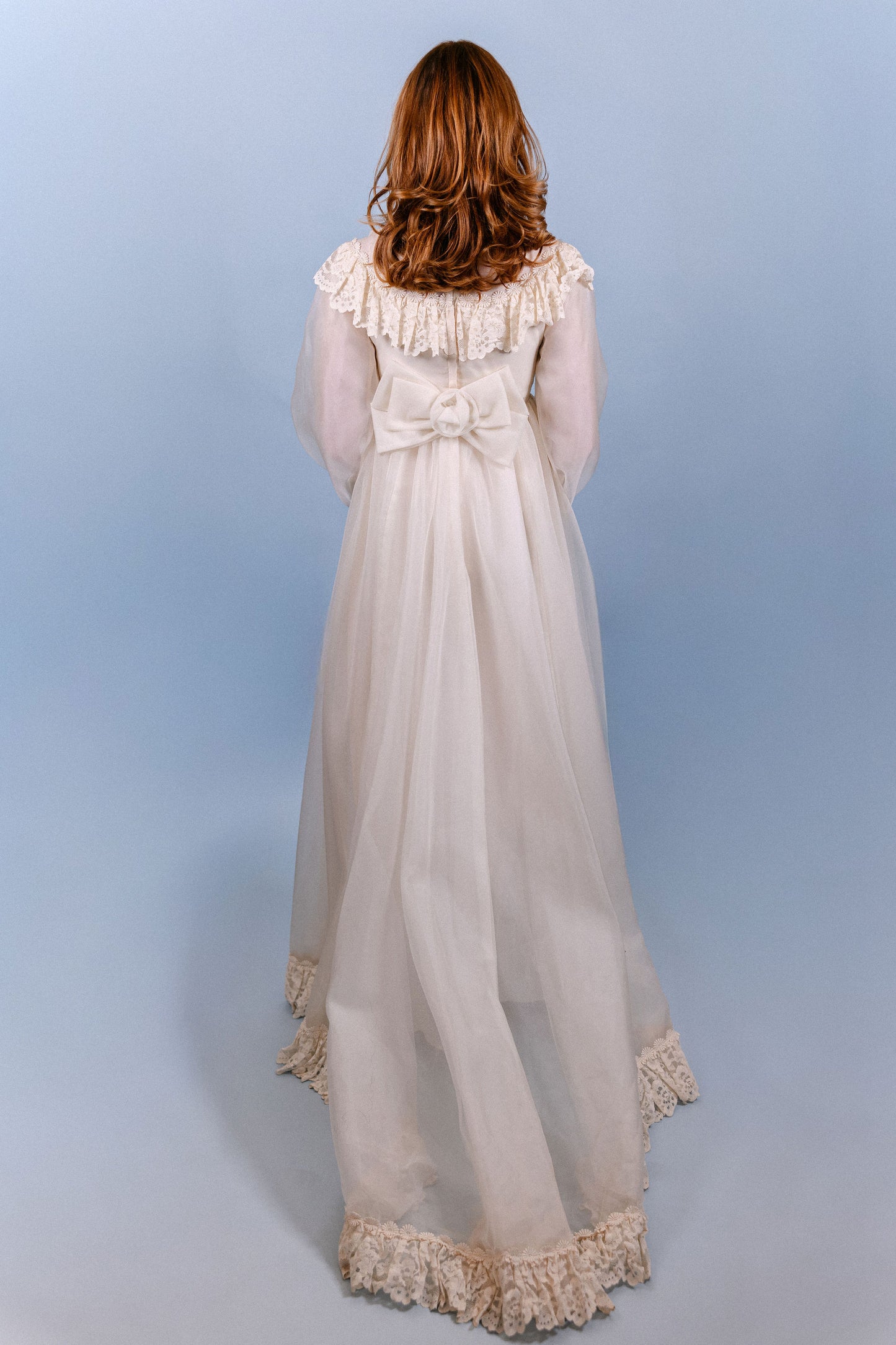 Beth: 1969 Chiffon Empire Gown with Lace Ruffle & Bow